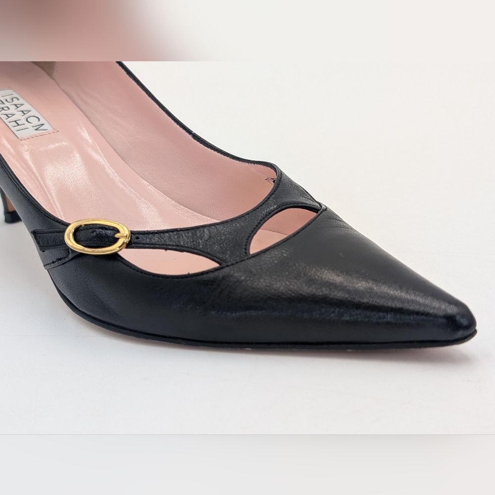 ISAACM MIZRAHI Size 7M Women Genuine Black Leather Heel Gold Buckle Pointed Toe - Picture 5 of 17